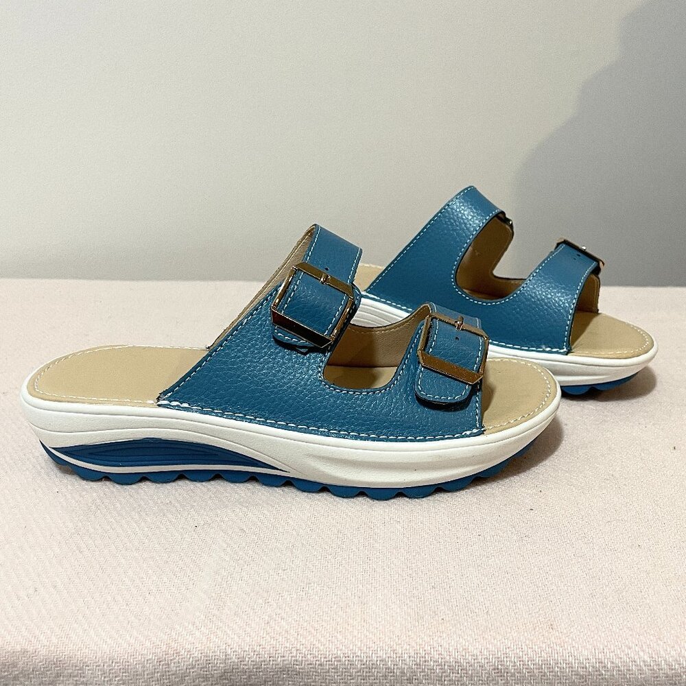 Slip On Slide Blue Wedge Sandals Size 7